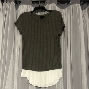 AB Studio Olive Ribbed Short Sleeve Top with White Layer